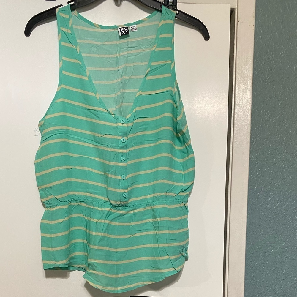 Roxy Tank Top Blouse Sz M Beige Striped Button